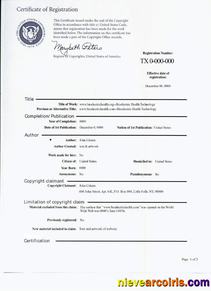 USA copywrite certificate of registration